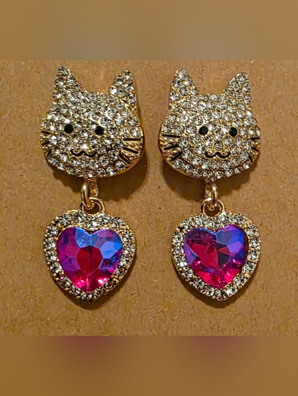 Crystal Cat Drop Earrings w/Pink Heart Accent